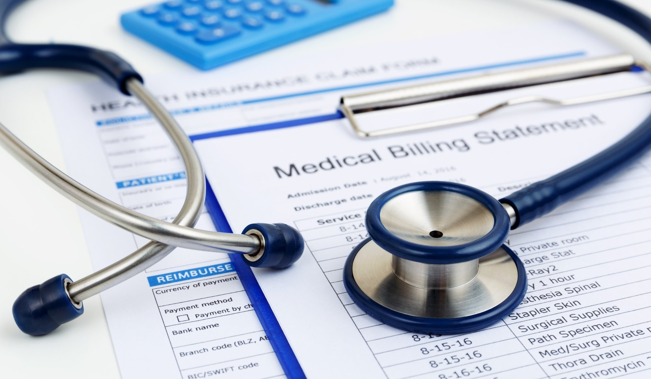 Medical billing - 1 - Collection Recovery Services Stethoscope on a medical billing statement showing the importance of following medical debt collection laws.