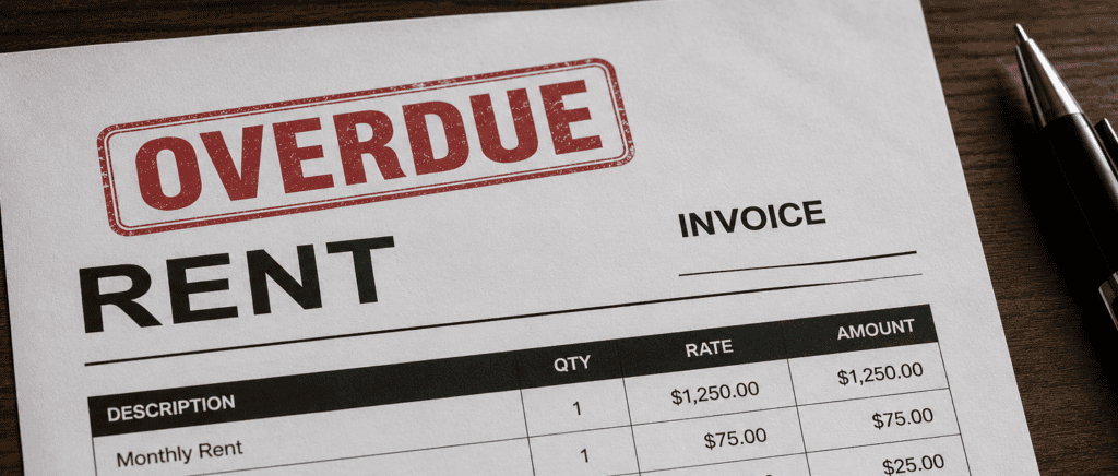 Overdue rent invoice with a bold red 'OVERDUE' stamp on top left corner, displaying Rental details and amounts.