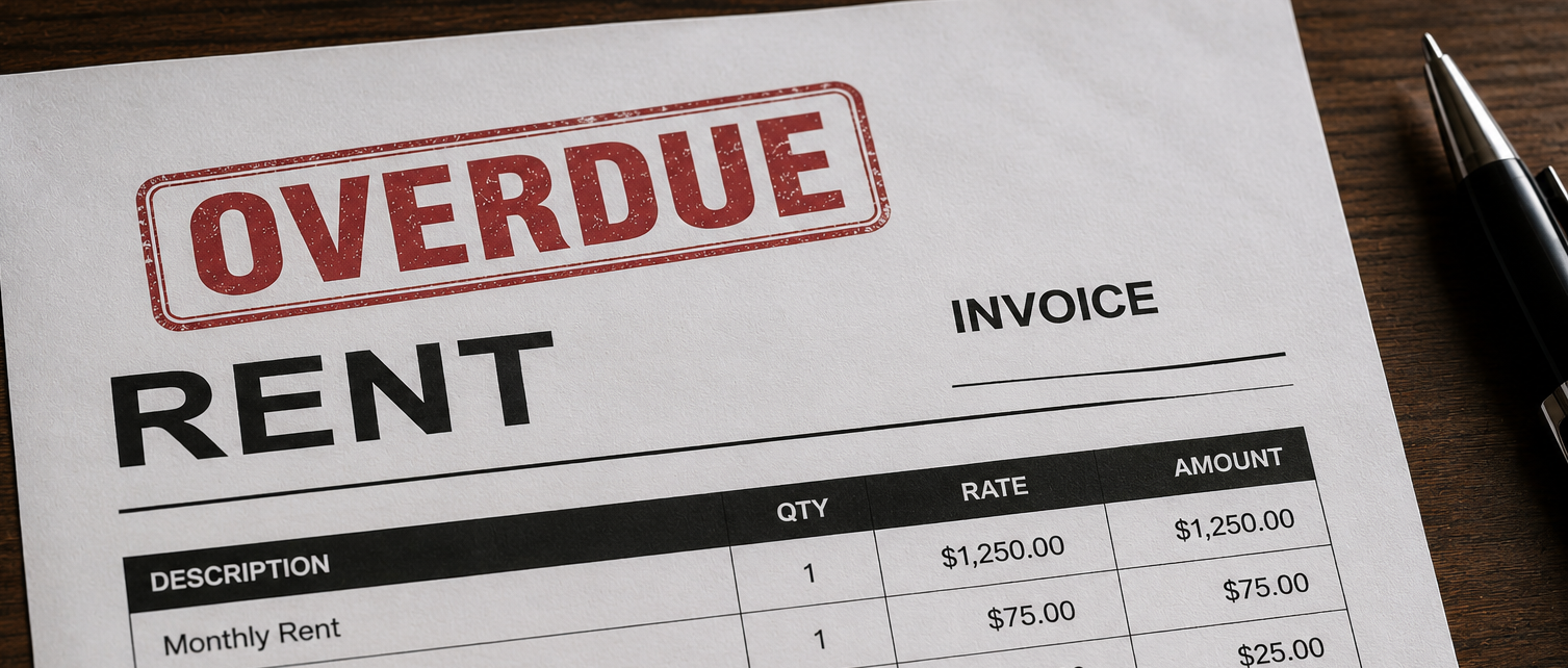 sent a tenant to collections - Collection Recovery Services Overdue rent invoice with a bold red 'OVERDUE' stamp on top left corner, displaying Rental details and amounts.